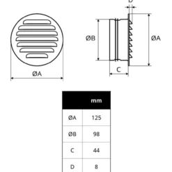 Flexit rund stålrist m/stuss ø125mm hvit