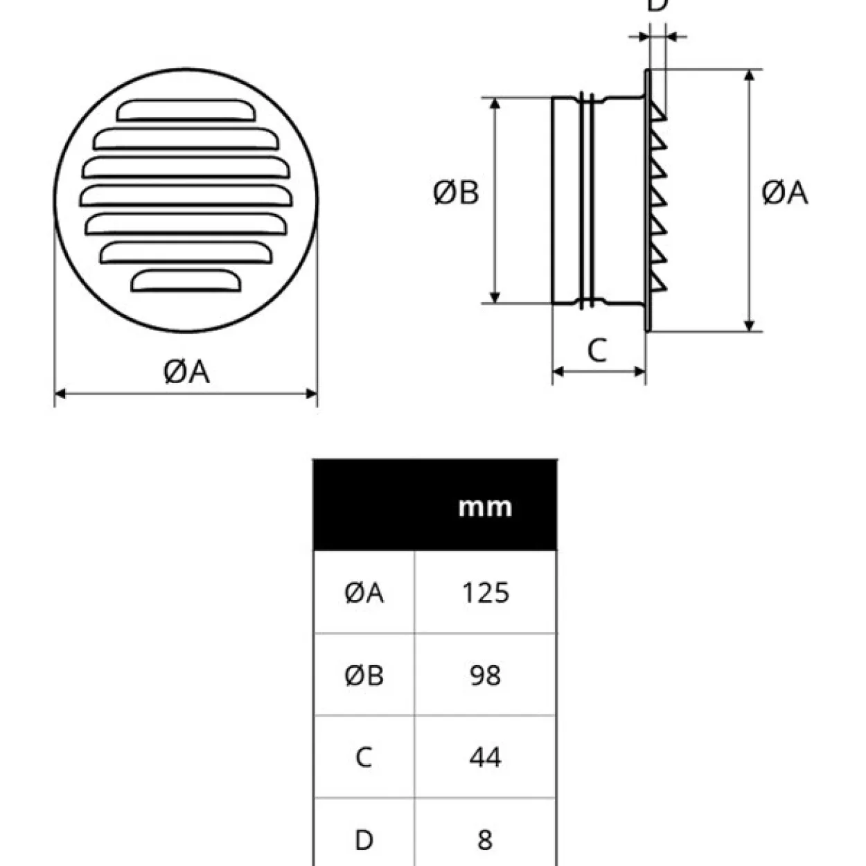 Flexit rund stålrist m/stuss ø125mm
