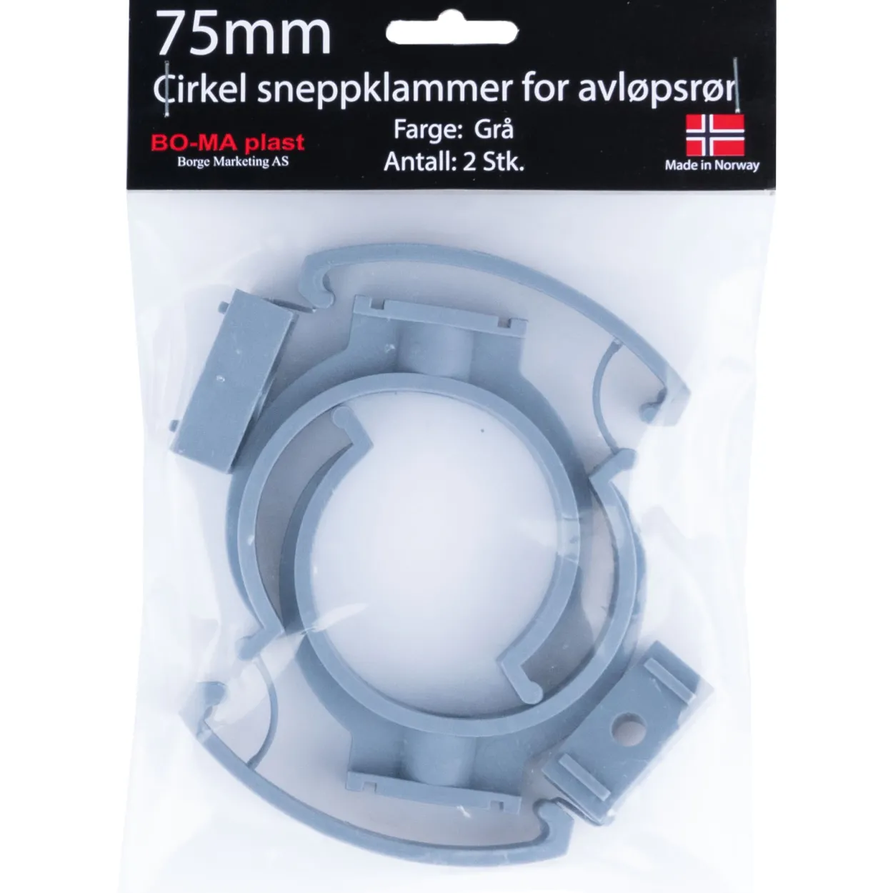 Rørklammer 75 mm grå plast 2pk.