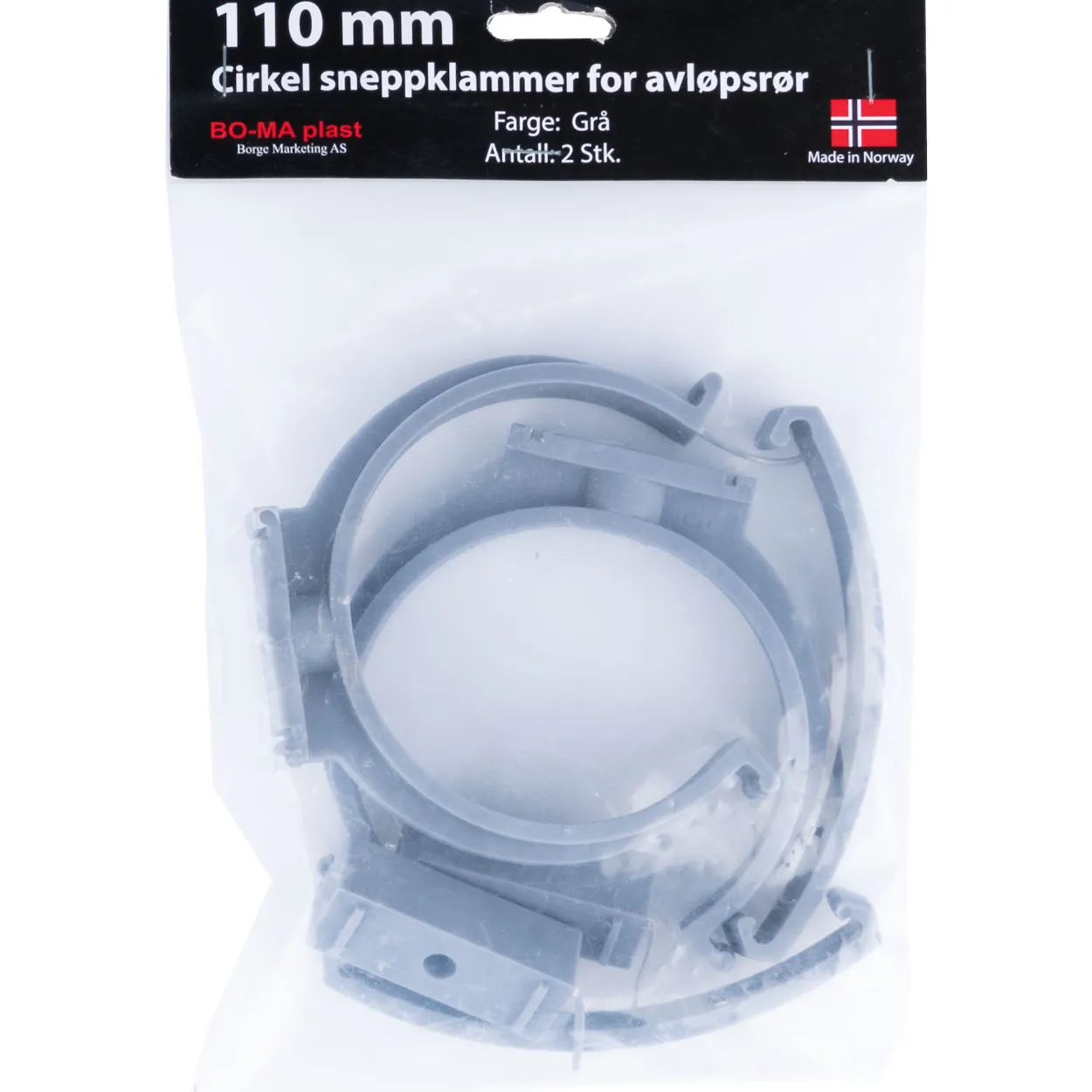 Rørklammer 110 mm grå plast 2pk.