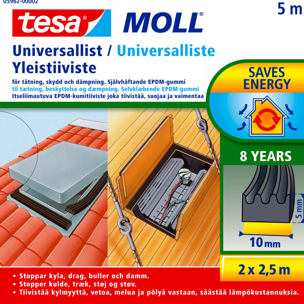 Tesa tetningslist universal 5m x 10mm x 5mm sort